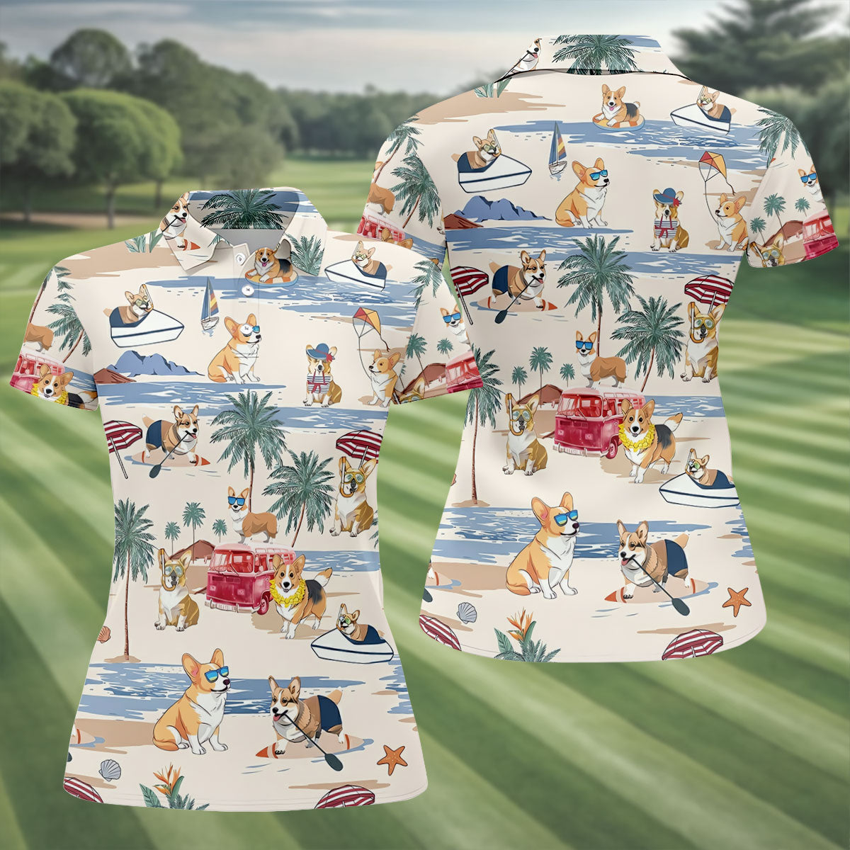 Cute Corgi Beach Vacation Tropical Golf Polo Shirt, Golf Shirts For Women, Women's Golf Apparel