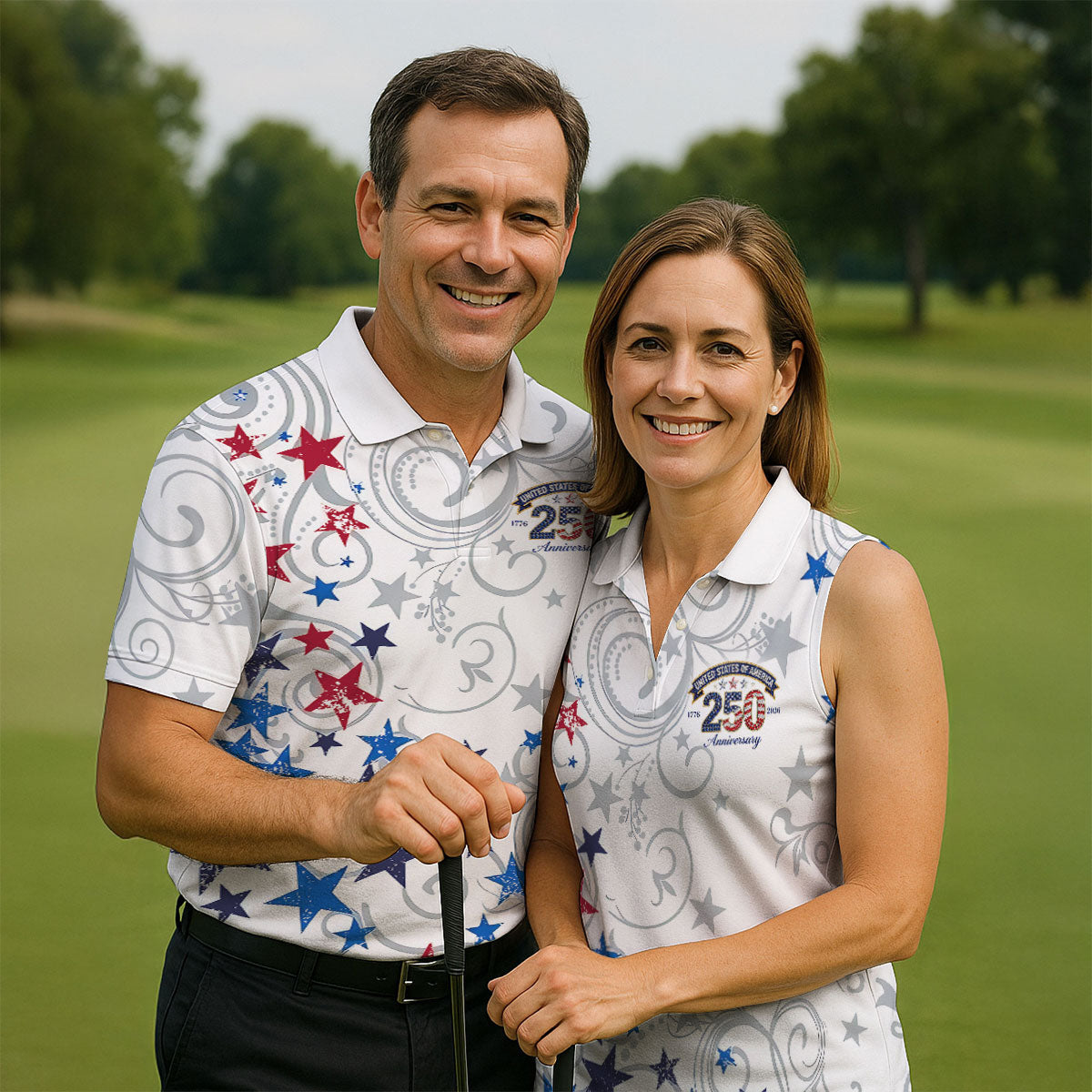 United States Of America 250 Anniversary Patriotic 4th Of July Golf Shirt, Red Blue Stars Golf Shirt For Women