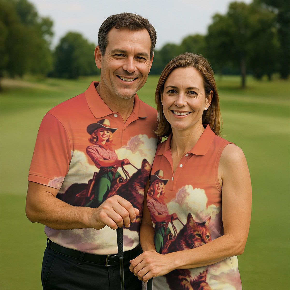 Orange Vintage Cowgirl Riding Giant Cat Golf Polo Shirt, Golf Shirts For Men, Hawaiian Golf Shirt