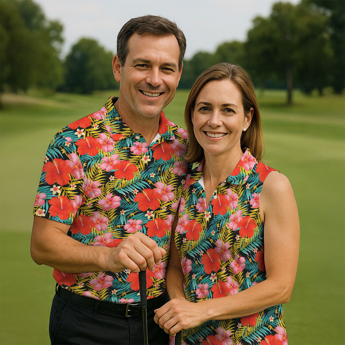 Red Hibicus Gold Palm Leaf Hawaiian Golf Shirt, Summer Theme Golf Shirts For Men