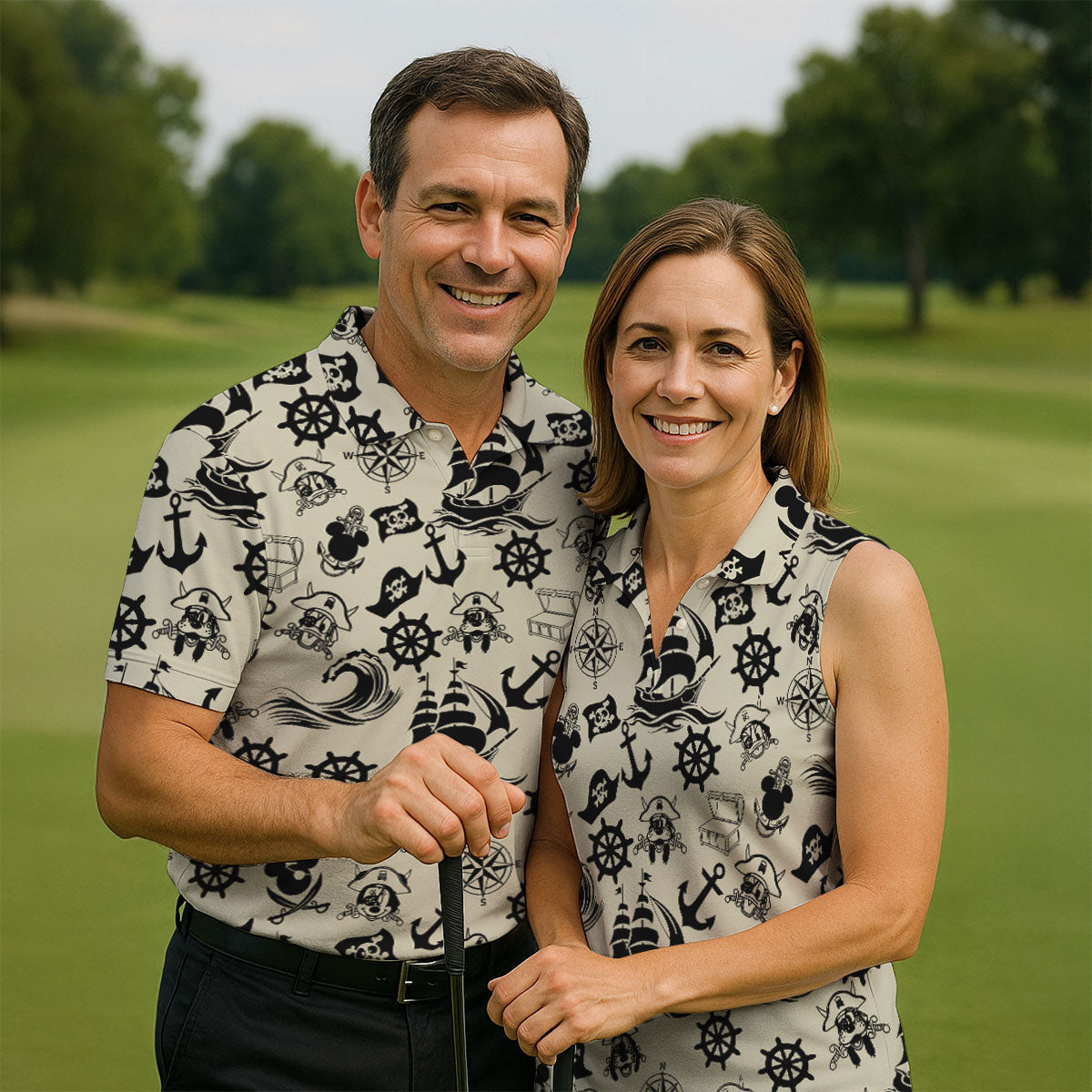 Vintage Pirate Nautical Pattern Golf Polo Shirt, Hawaiian Golf Shirt, Golf Polo Shirts For Men