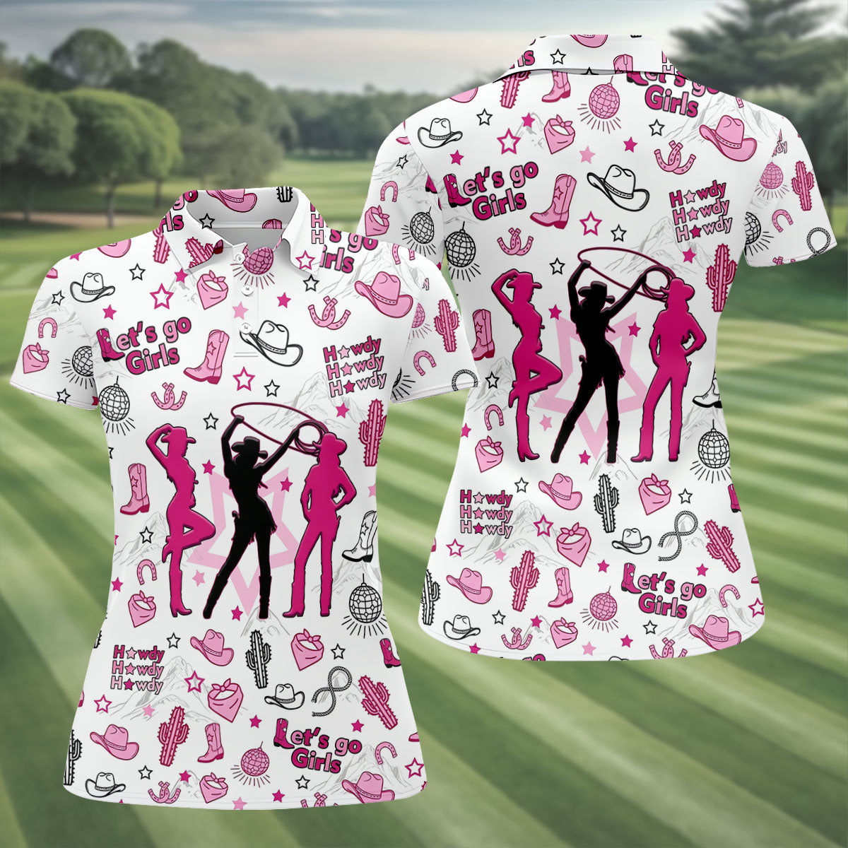 Pink Black Three Cowgirls Western Golf Polo Shirt, Women's Golf Polo, Ladies Golf Tops