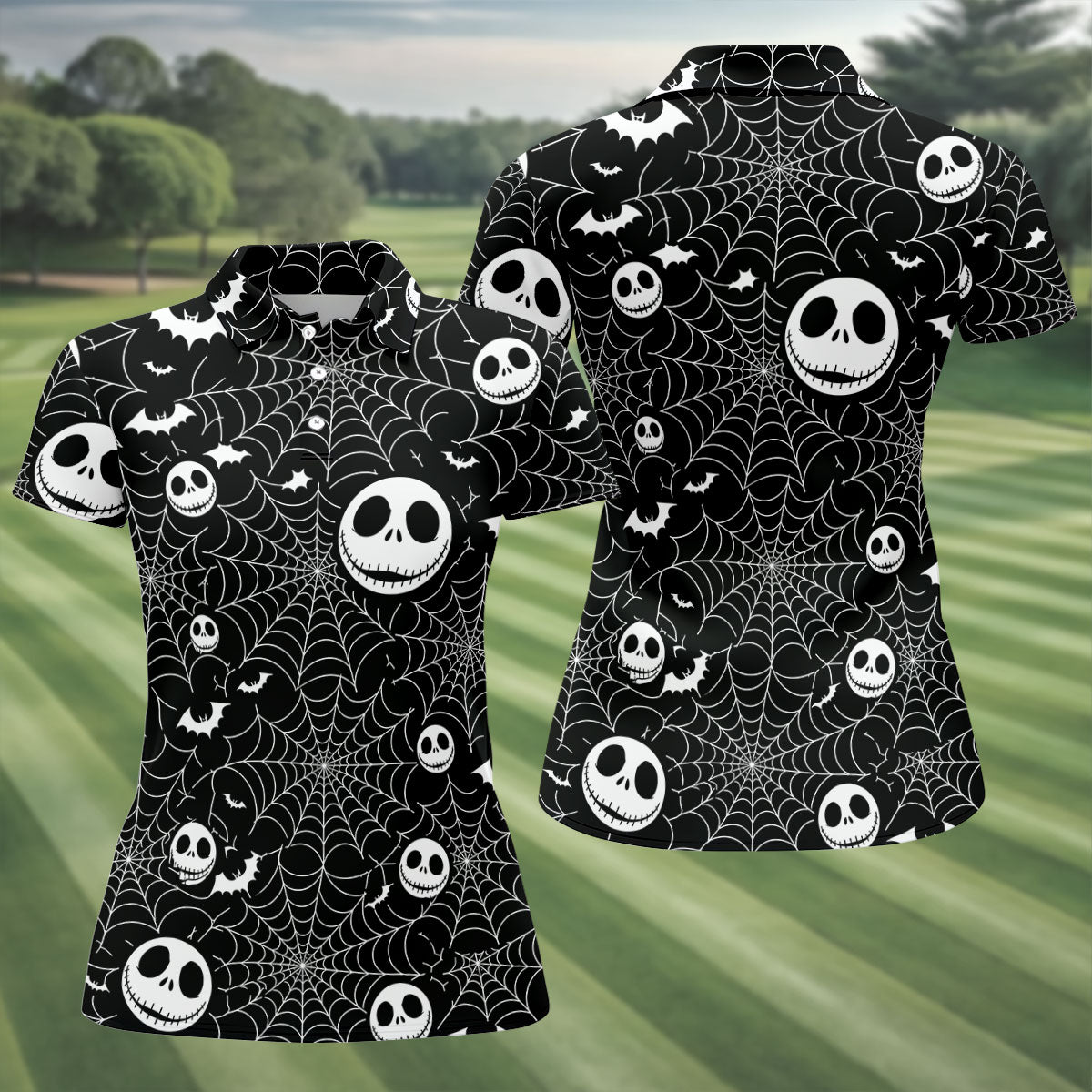 Black Horror Character Spider Web Pattern Golf Polo Shirt, Women's Golf Polo, Ladies Golf Shirts