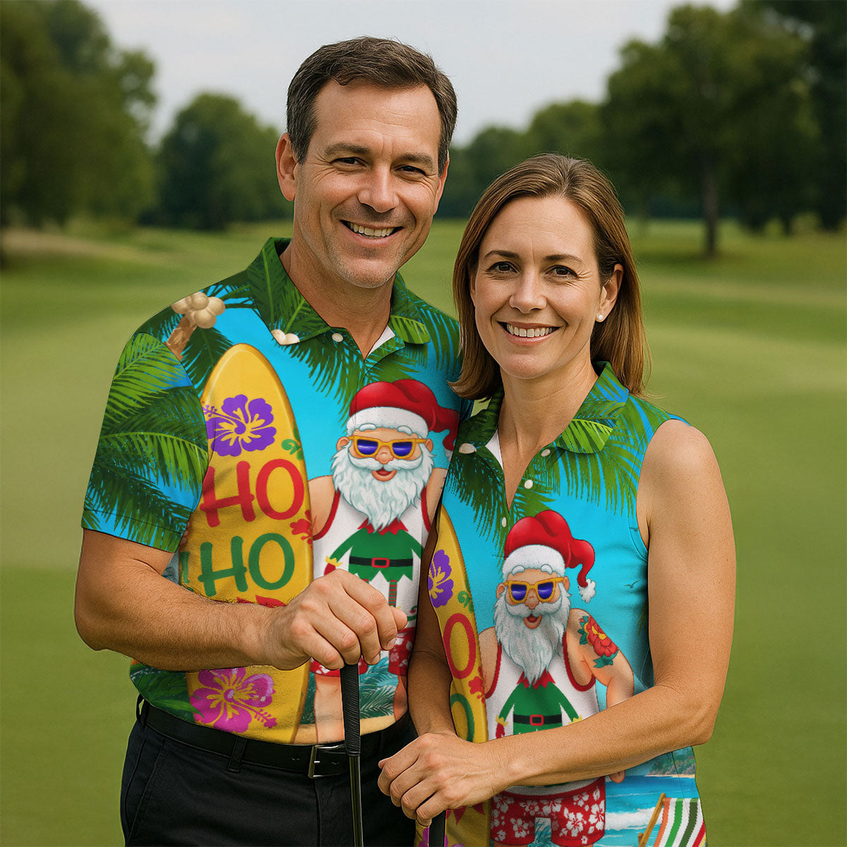 Surfboard Santa Tropical Christmas Golf Shirt, Men's Golf Shirt, Hawaiian Golf Shirt