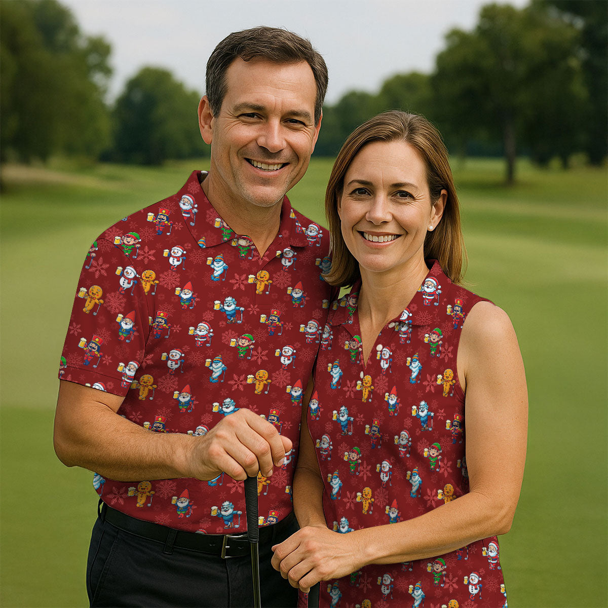 Christmas Characters Golf And Beer Red Men's Funny Golf Shirts, Christmas Golf Shirt, Polo Shirts For Men