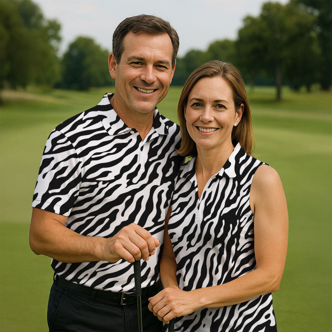 Zebra Print Golf Shirt, Black White Animal Pattern Men's Golf Polo, Polo Shirts For Men