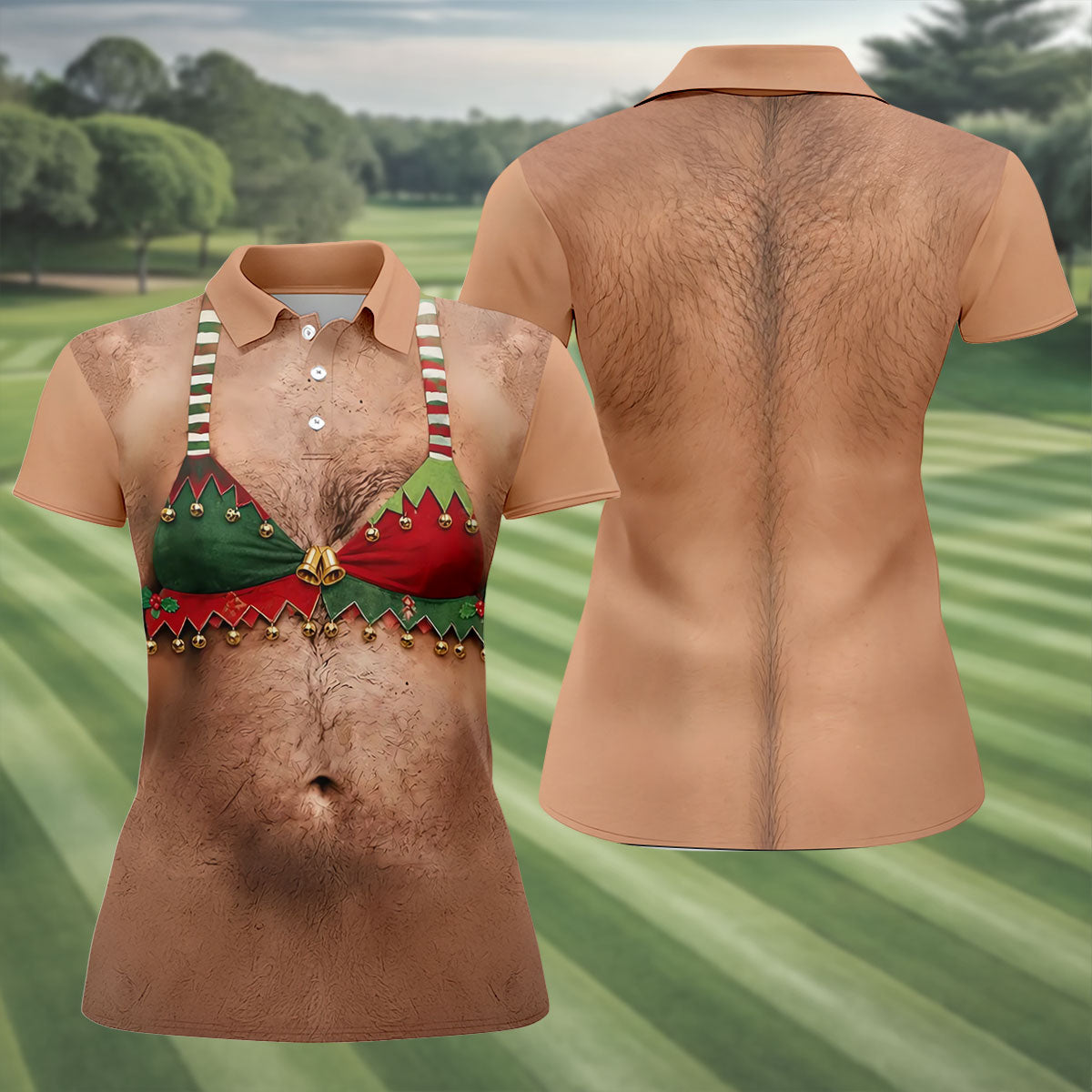 Funny Elf Bra Bells Christmas Golf Shirt, Women’s Golf Polo, Golf Tops For Women