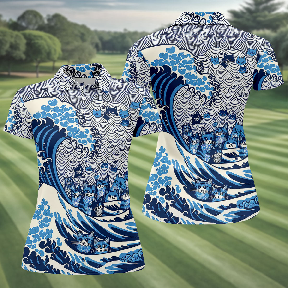 Japanese Wave Cat Hawaiian Golf Shirt, Golf Shirts For Women, Women’s Golf Apparel