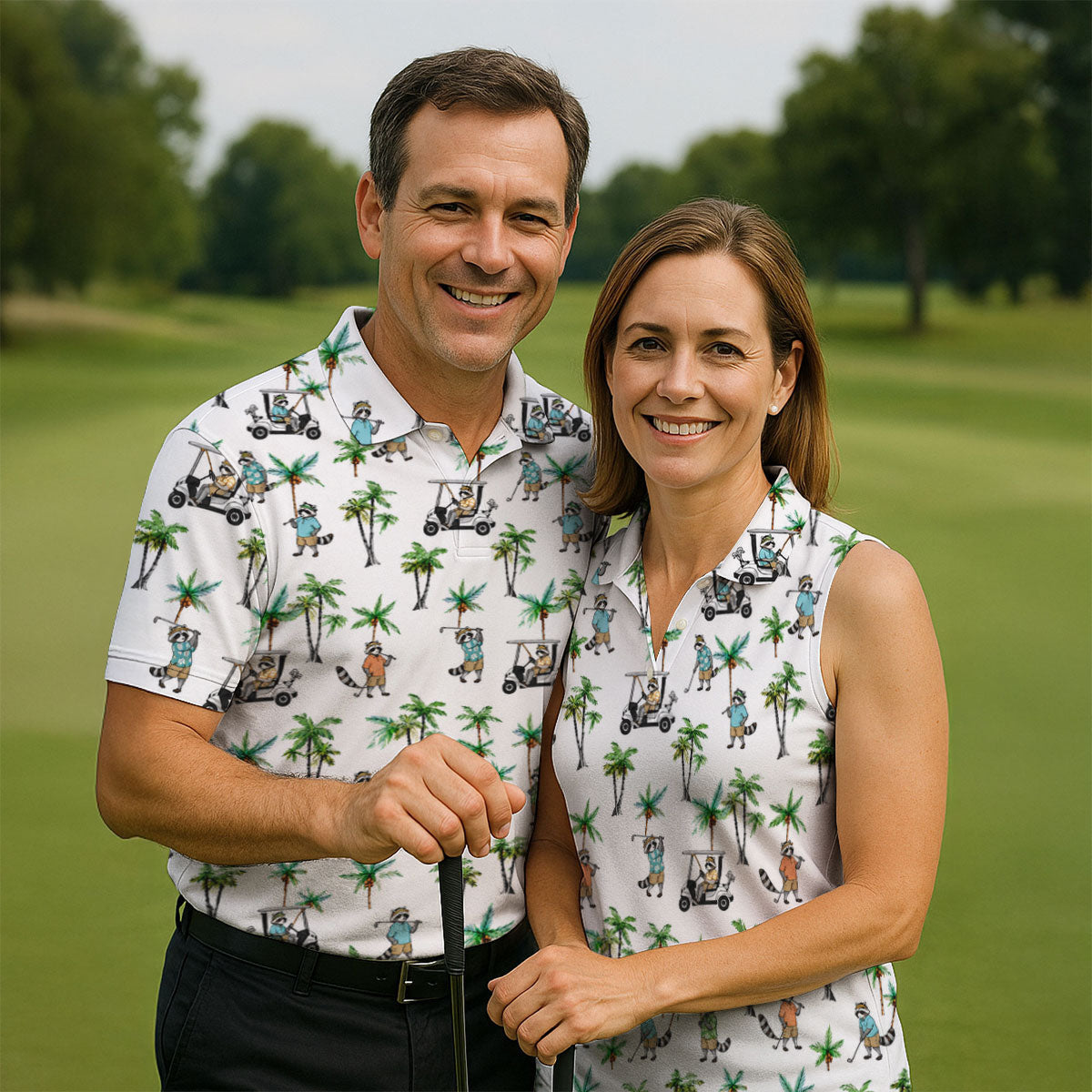 Funny Raccoon Tropical Golf Pattern Polo Shirt, Mens Golf Polo, Printed Golf Shirts