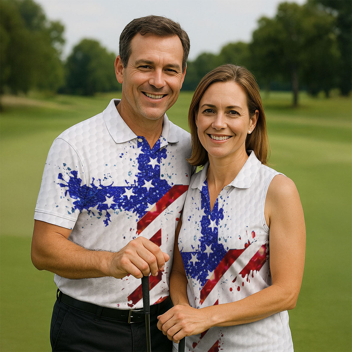 Red White Blue Paint Splash Faith Cross Patriotic Golf Shirt, 250 Years 4th Of July Golf Shirts For Men