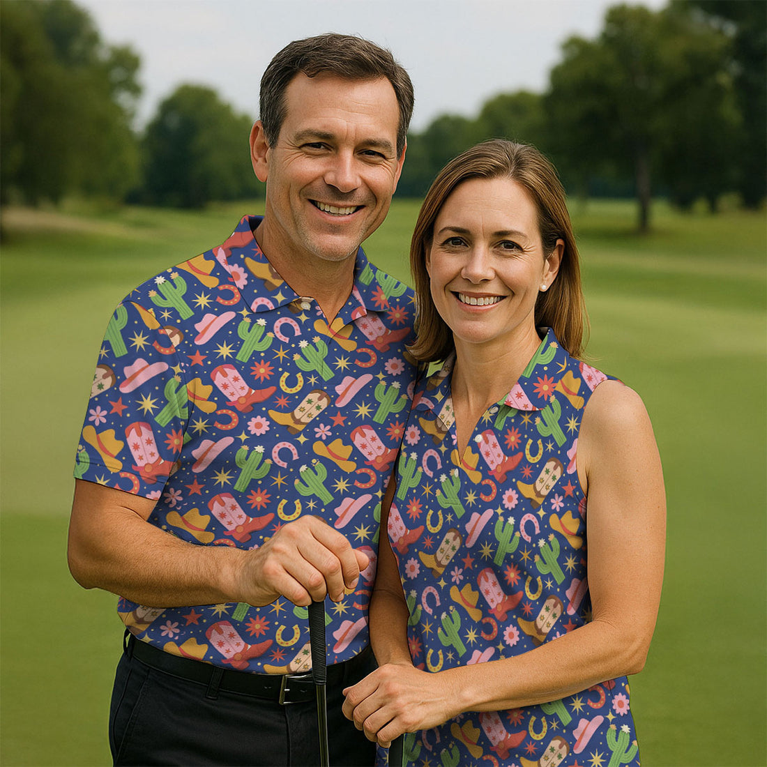 Western Cowboy Golf Shirt, Desert Cactus Horseshoe Pattern, Golf Shirt For Men