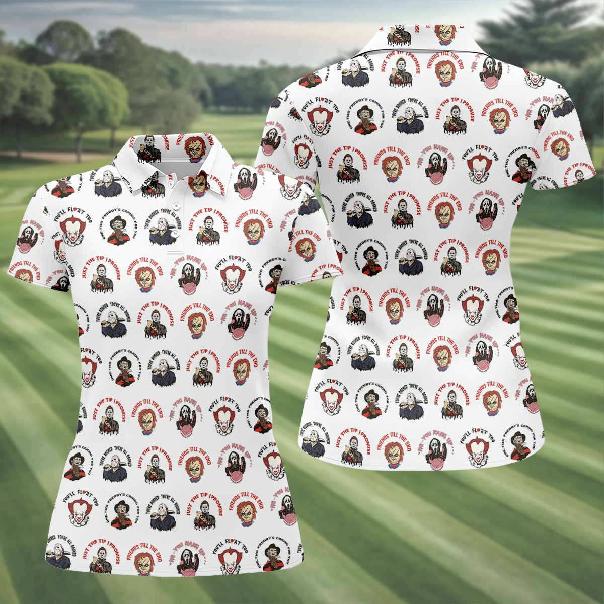 Just The Tip I Promise Horror Character Villains Golf Polo Shirt, Womens Golf Polo, Ladies Golf Shirts