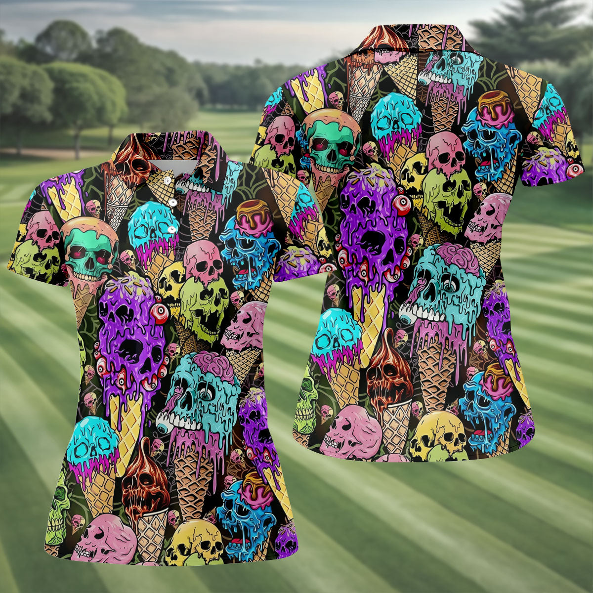 Melting Skull Ice Cream Halloween Golf Shirt, Golf Shirts For Women, Women's Golf Apparel
