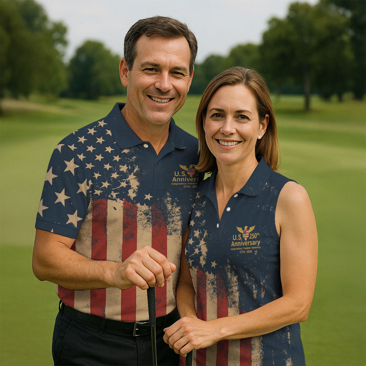 US 250th Anniversary Independence Freedom Democracy Men's Golf Polo Shirts, 4th Of July Patriotic Golf Shirt