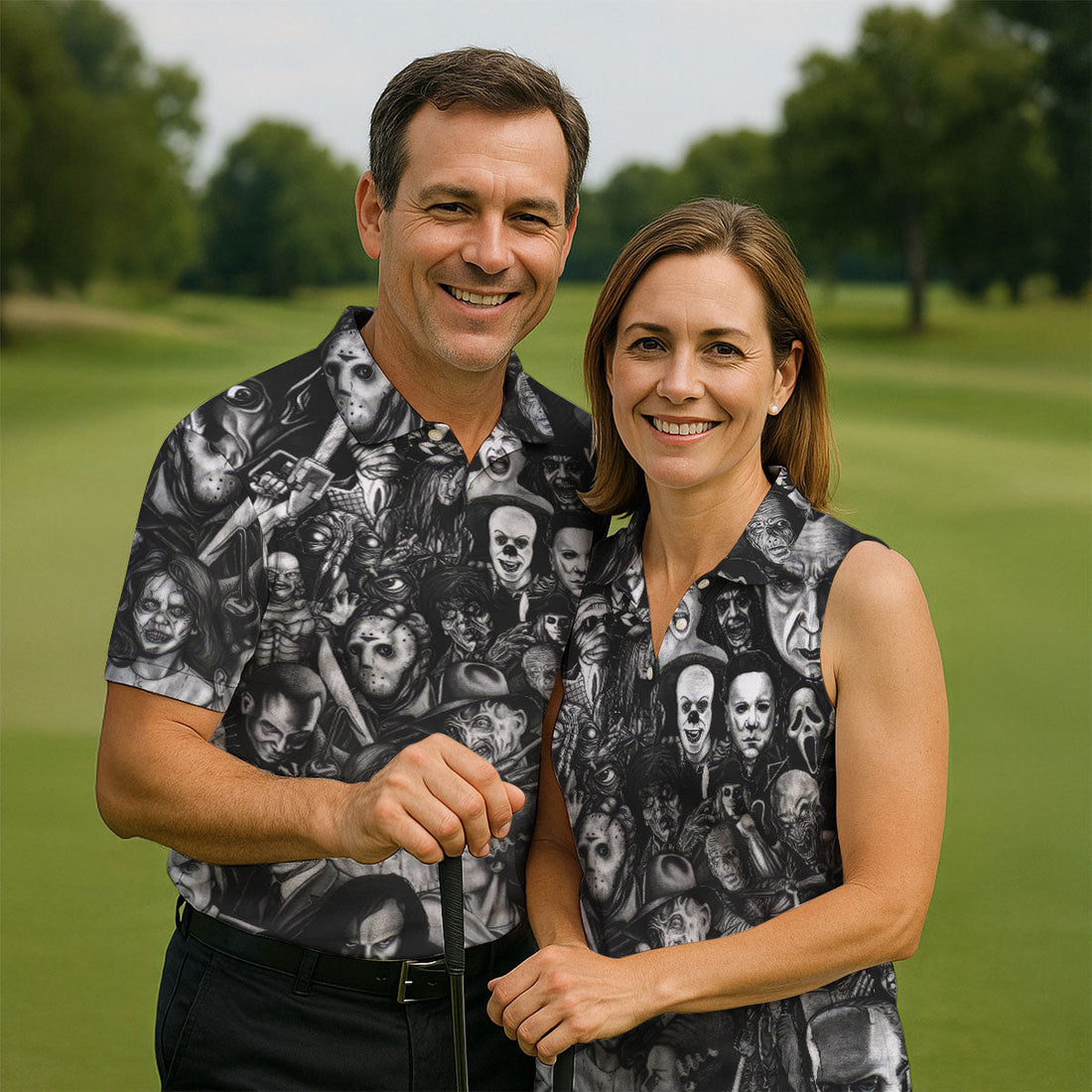 Classic Horror Characters Black And White Golf Polo, Dark Vibe Polo ShirtFor Men, Halloween Golf Shirt