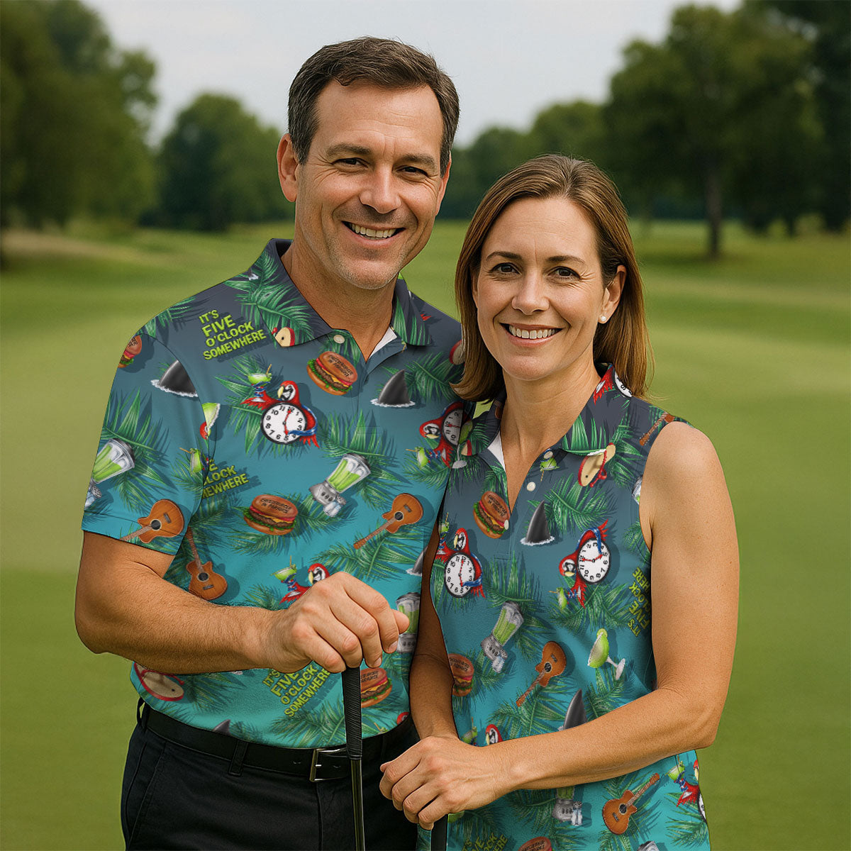 Teal Tropical Cocktail Parrot Pattern Golf Polo Shirt, Men's Golf Shirt, Golf Polo Shirts For Men