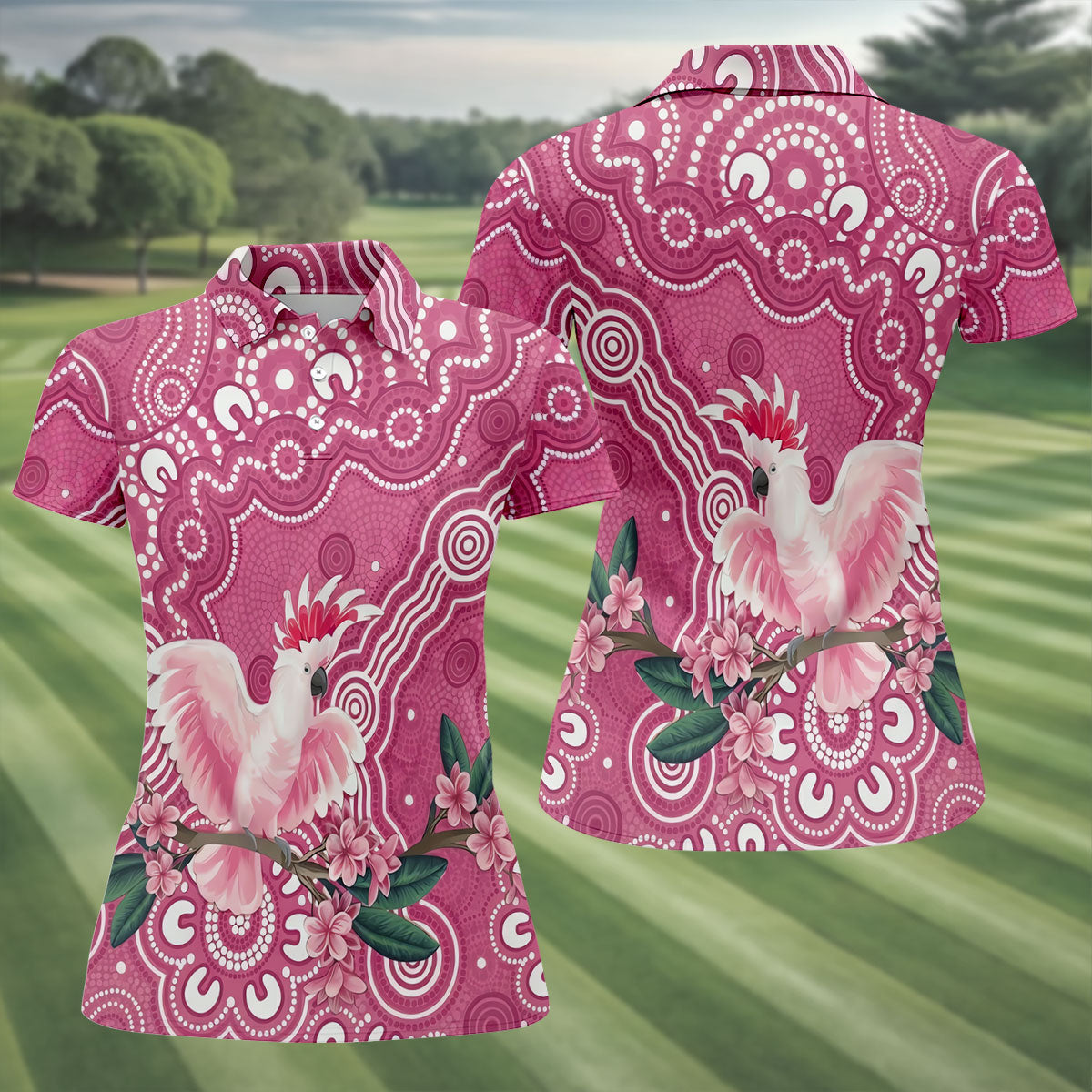 Pink Cockatoo Floral Aboriginal Art Polo Shirt, Hawaiian Golf Shirt, Golf Tops For Women