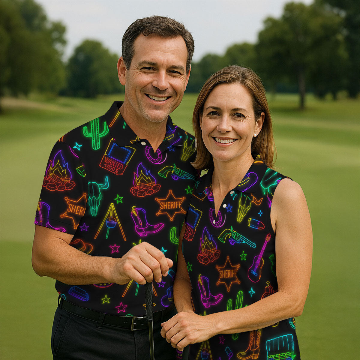Neon Western Cowboy Pattern Golf Polo Shirt, Men's Golf Polo, Hawaiian Golf Shirt