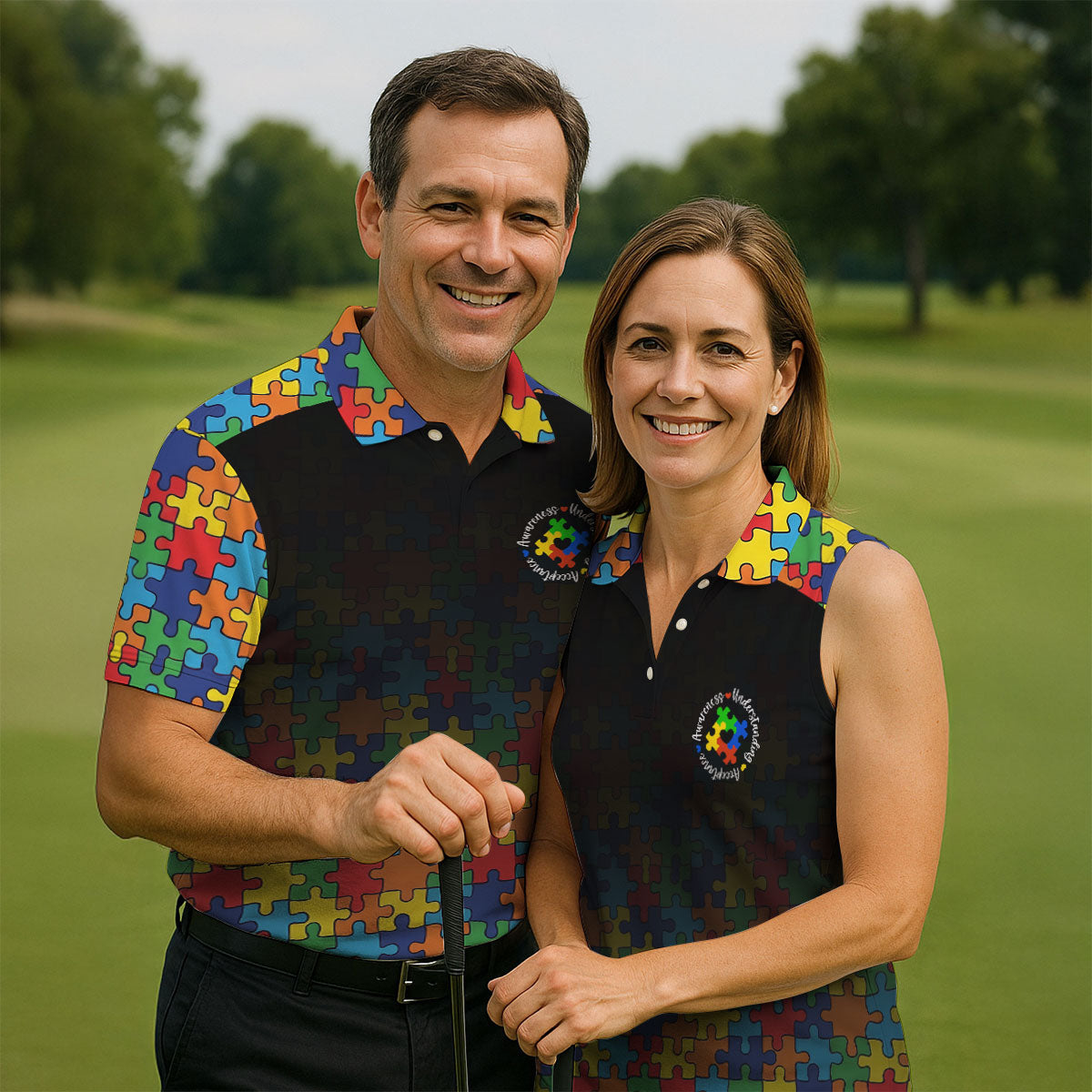 Acceptance Awareness Understanding Autism Awareness Puzzle Pattern Black Fade Golf Shirts For Men