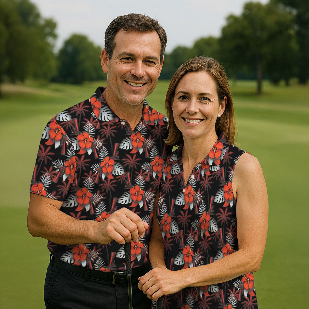 Orange Hibiscus Black Hawaiian Golf Shirt, Summer Vibe Golf Shirts For Men
