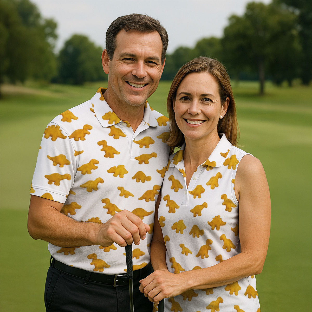 Cute Dinosaur Cookie Pattern Men's Golf Shirt, Golf Shirts For Men, Printed Golf Shirts