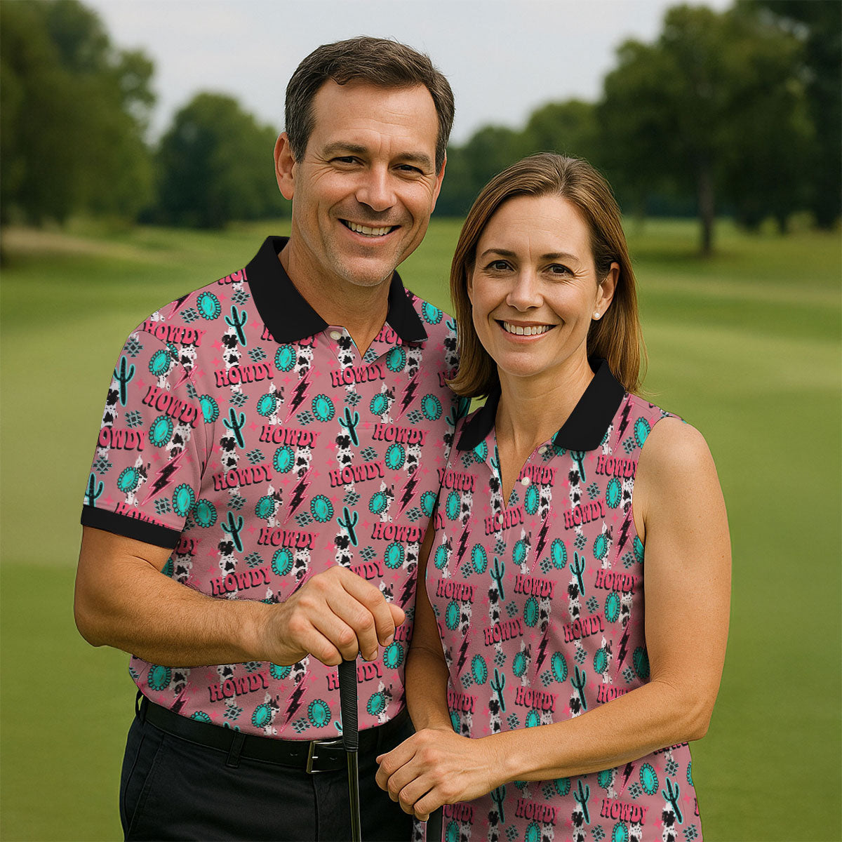 Howdy Pink Lightning Bolts Western Theme Golf Tops For Men, Polo Shirts For Men, Golf Shirts For Men