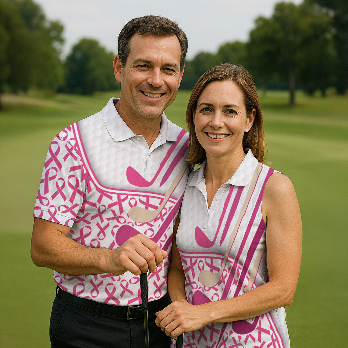 Custom Pink Ribbon Golf Club Breast Cancer Polo Shirt, Mens Golf Polo, Printed Golf Shirts