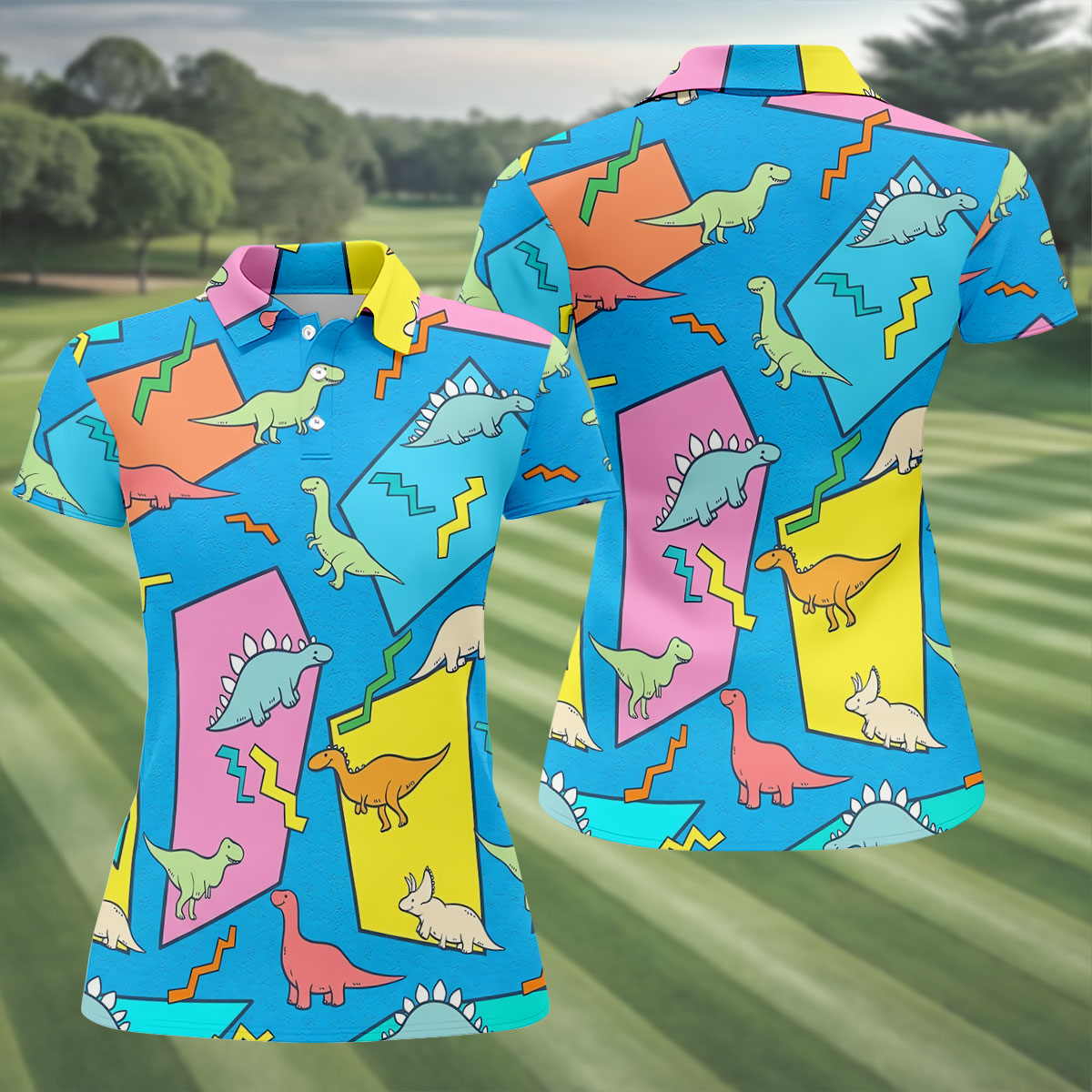 Retro Colorful Dinosaur Pattern Golf Shirt, Women's Golf Tops, Golf Shirts For Women