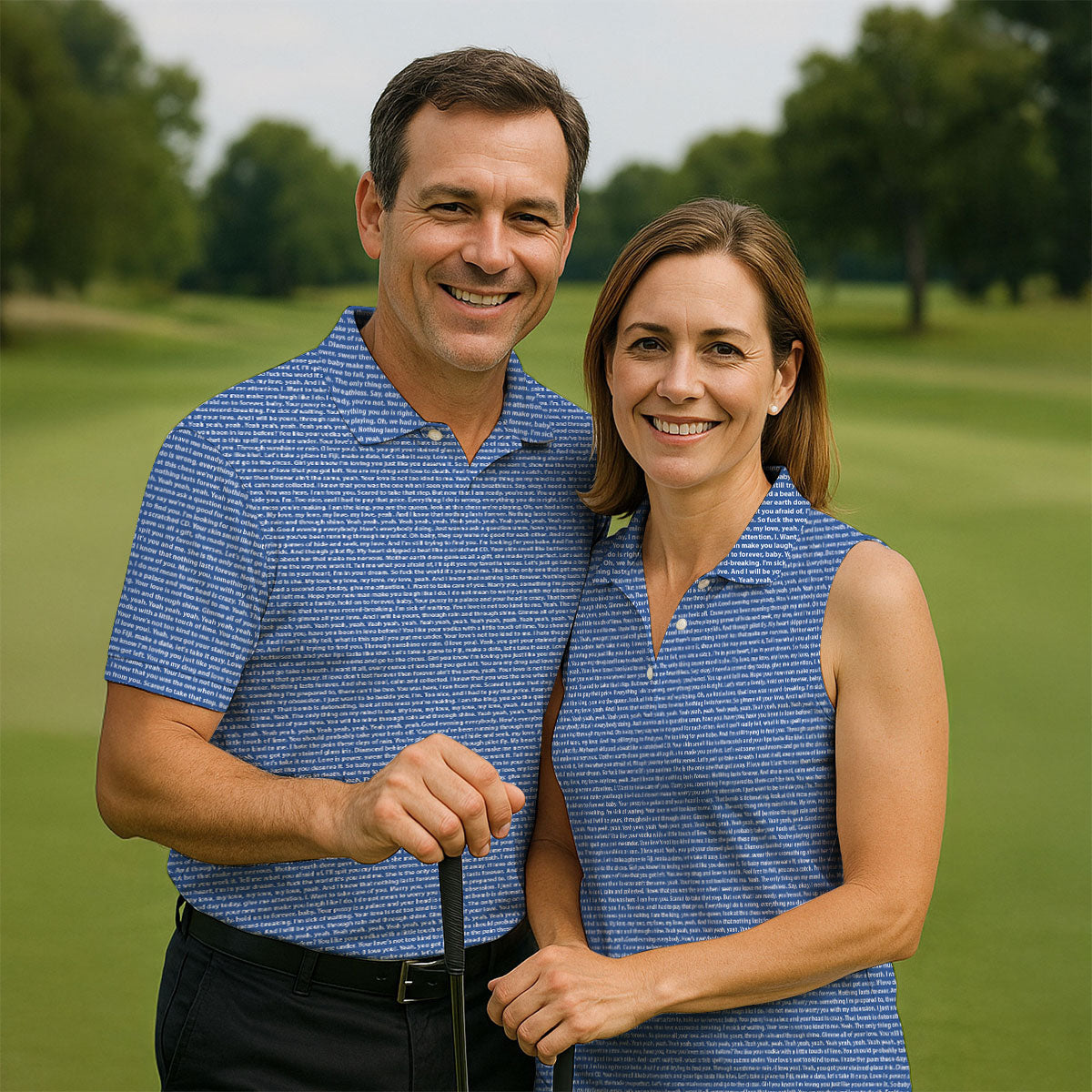 Blue Text Pattern Golf Polo Shirt, Golf Polo Shirts For Men, Mens Golf Apparel