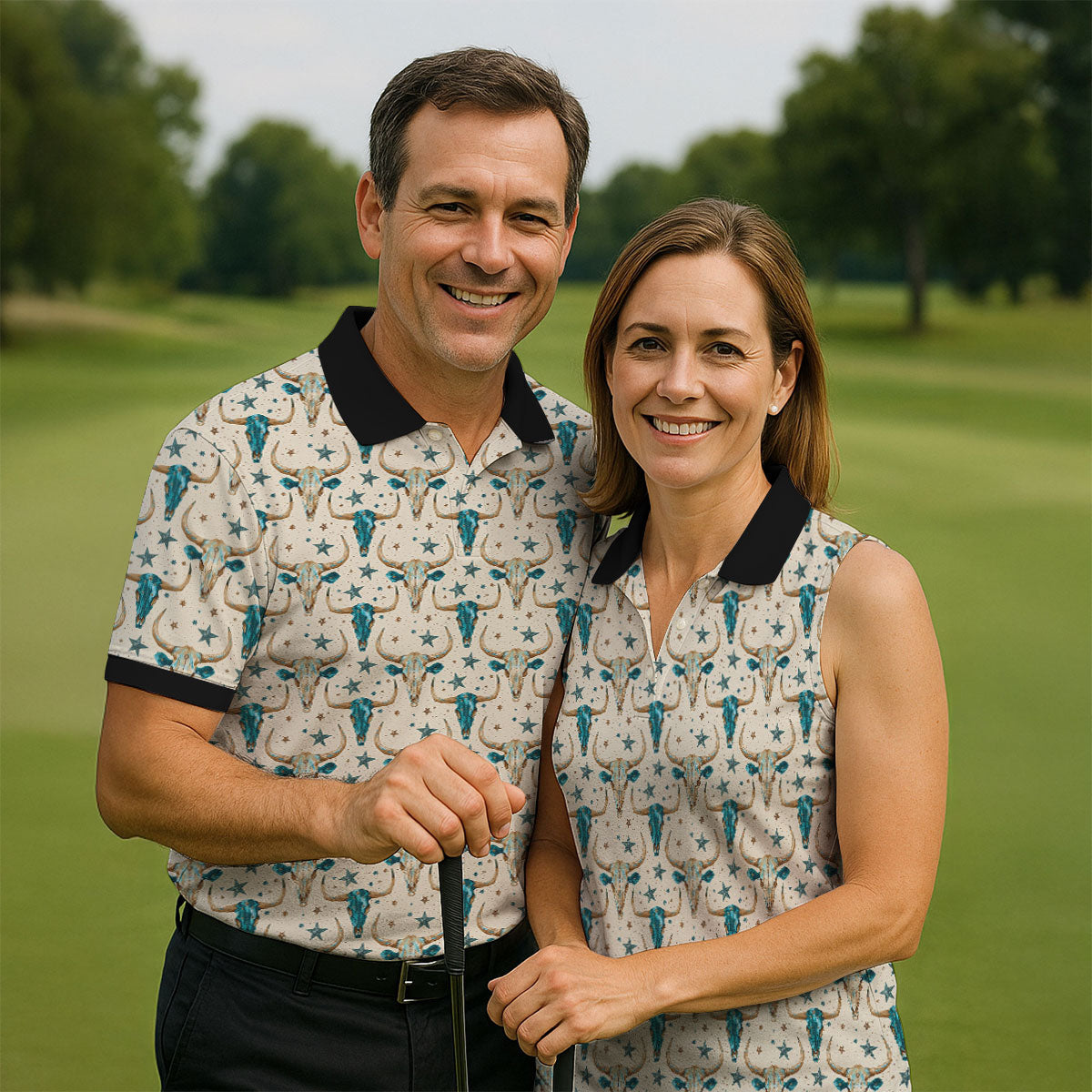 Cow Skulls Turquoise And Beige Western Theme Golf Tops For Men, Polo Shirts For Men, Golf Shirts For Men