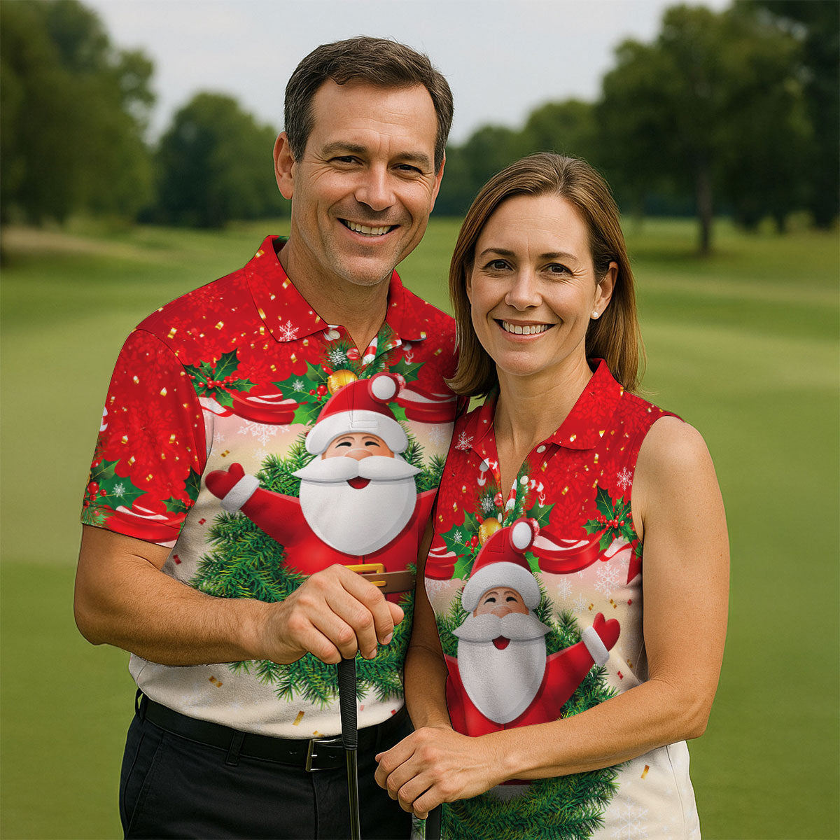 Festive Christmas Santa Wreath Golf Polo Shirt, Mens Golf Polo, Golf Shirts For Men