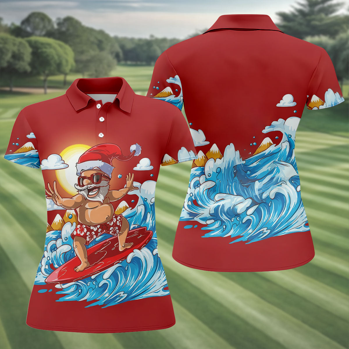 Women's Funny Santa Surfing Golf Shirt, Christmas Golf Shirt, Women’s Golf Apparel
