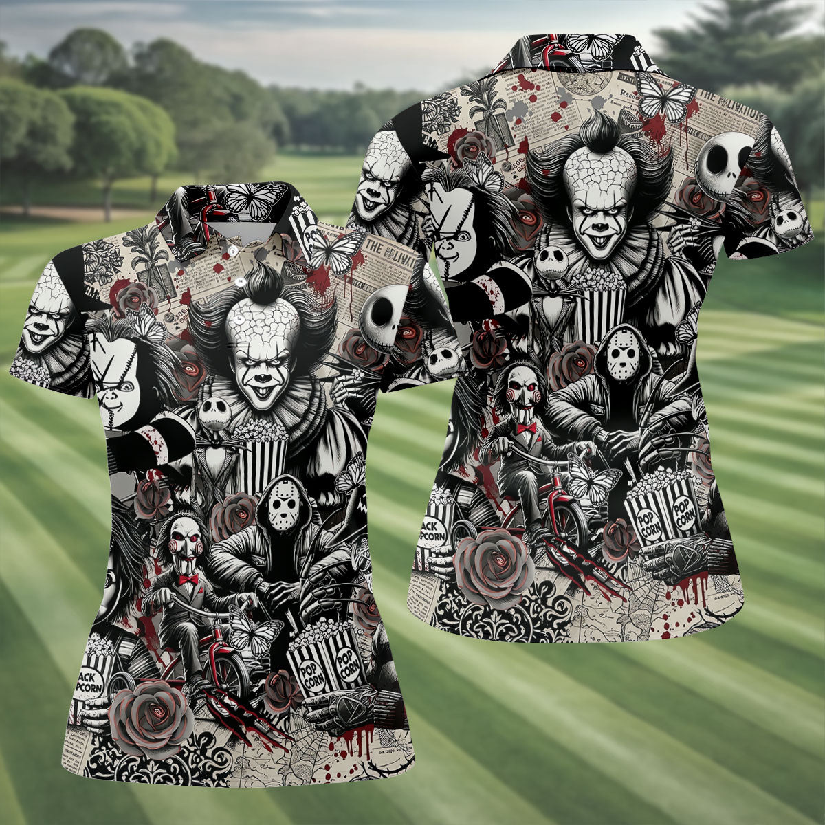 Horror Character Movie Collage Golf Polo Shirt, Women's Golf Polo, Hawaiian Golf Shirt