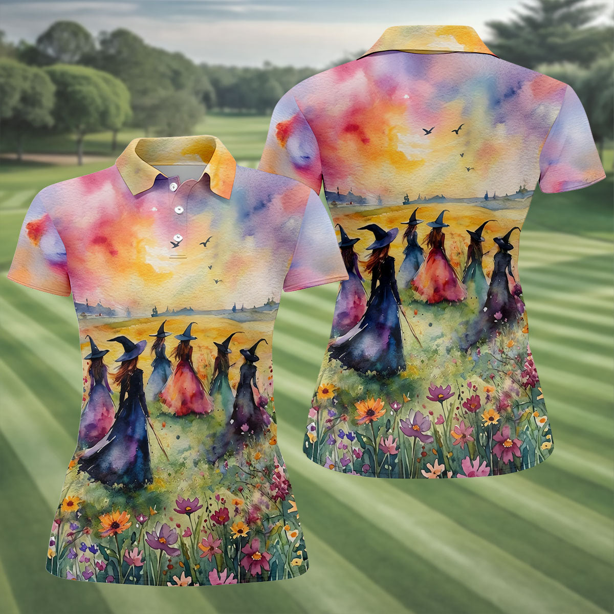 Watercolor Witch Gathering Halloween Golf Polo Shirt, Ladies Golf Tops, Women’s Golf Polo