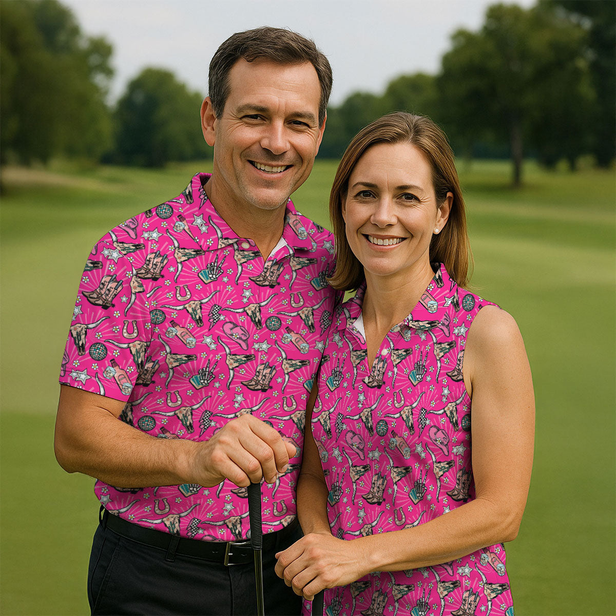 Pink Western Cowgirl Pattern Golf Polo Shirt, Ladies Golf Shirt, Hawaiian Golf Shirt