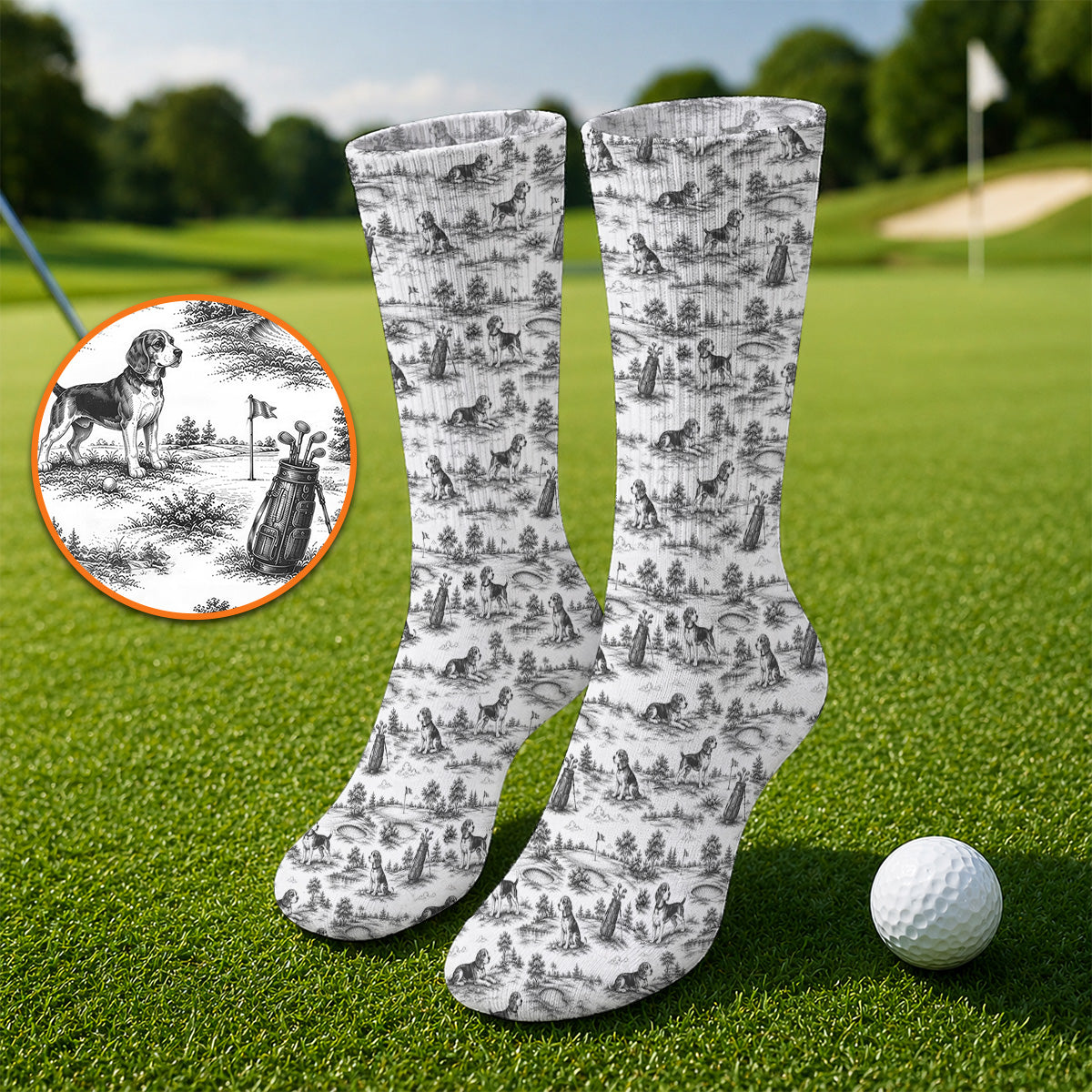 Beagle Toile De Jouy Golf Sock, Vintage Dog Pattern Golf Socks, Beagle Lover Golf Gift