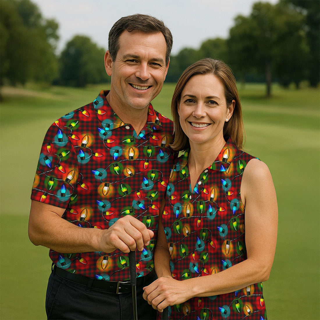 Colorful Christmas Light Plaid Men's Golf Polo Shirts, Christmas Golf Shirt, Polo Shirts For Men