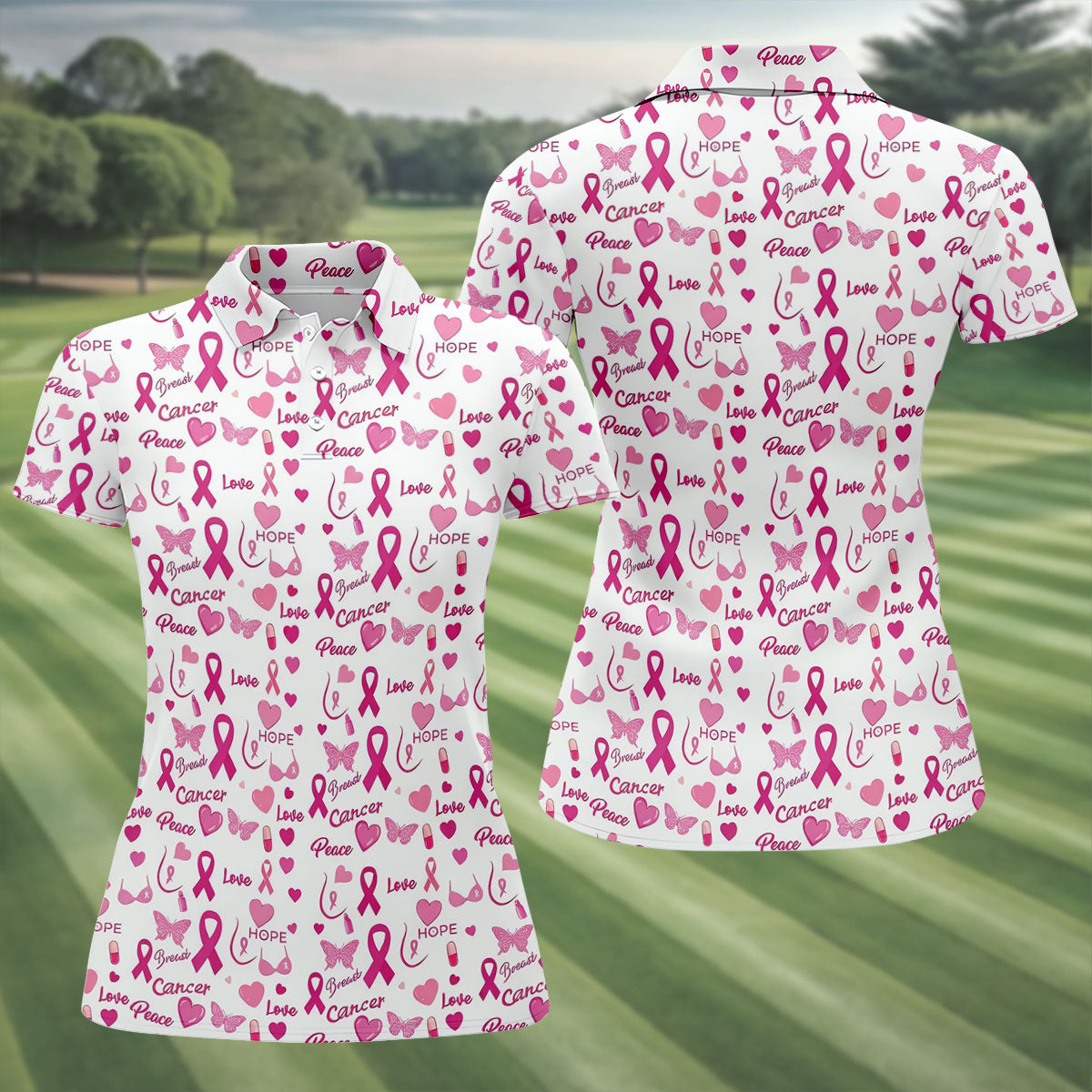 Love Hope Peace Butterfly Breast Cancer Polo Shirt, Ladies Golf Shirt, Women's Golf Tops