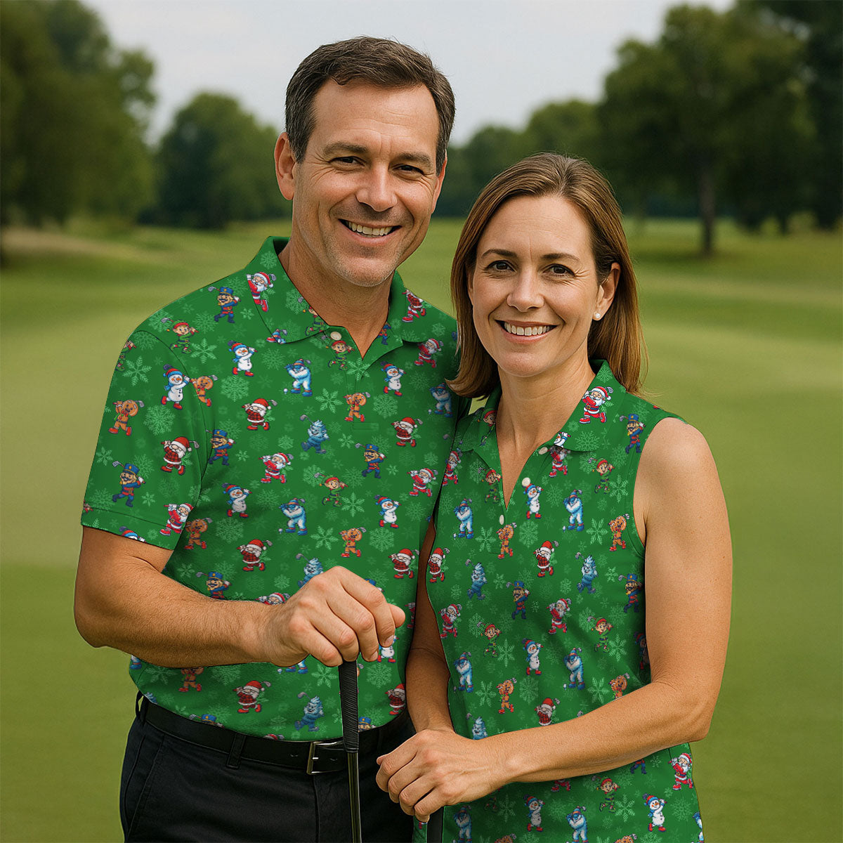 Funny Christmas Characters Golf Pose Green Golf Shirt, Christmas Golf Shirt, Polo Shirts For Men