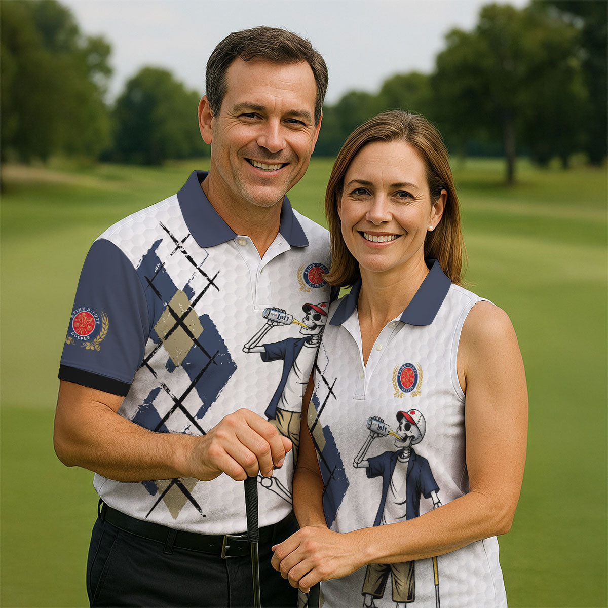 Funny Skeleton Golfer Drinking Beer Polo Shirt, Mens Golf Polo, Golf Apparel For Men