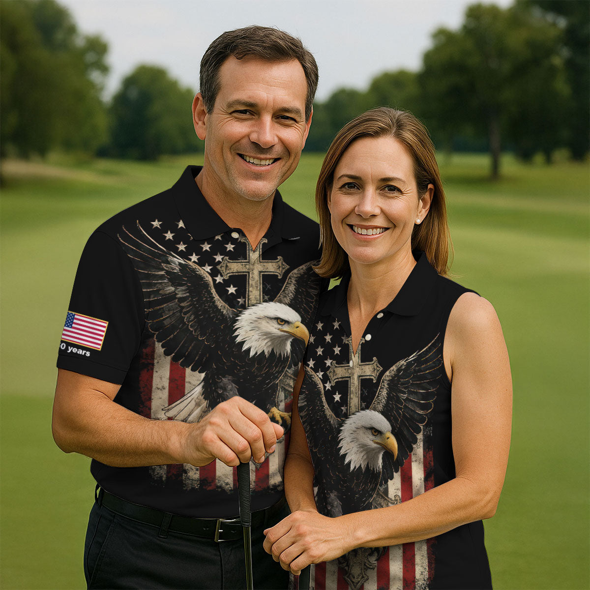 Faith Cross Bald Eagle And US Flag Black Golf Shirt, Patriotic 4th Of July Golf Shirts For Men