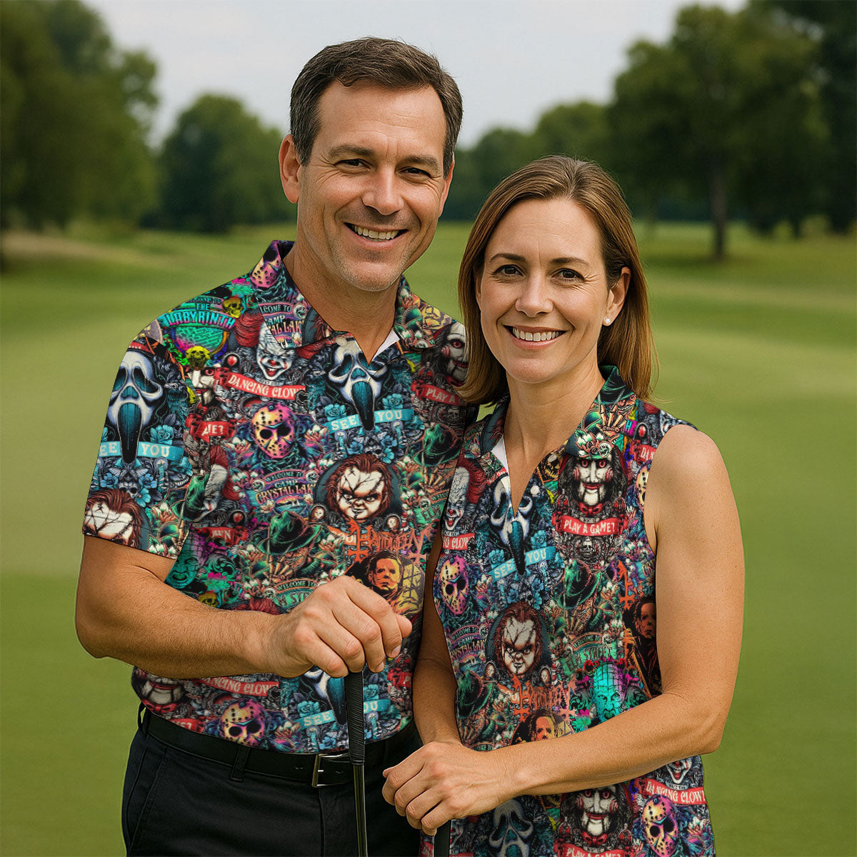 Play A Game Horror Character Golf Polo Shirt, Halloween Shirt For Men, Mens Golf Shirts