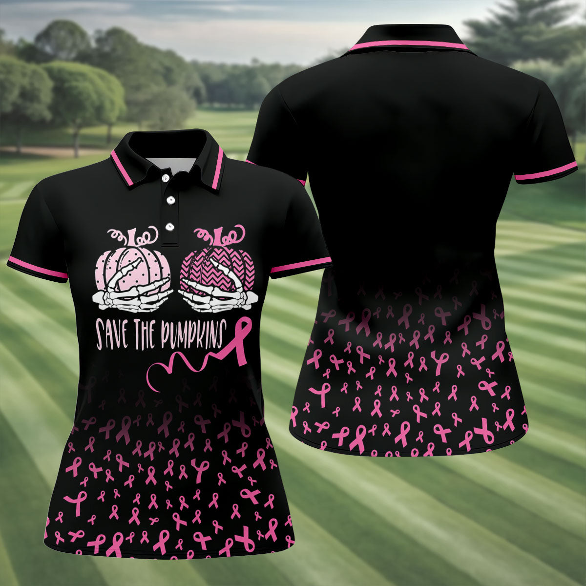 Save The Pumpkins Skeleton Breast Cancer Polo Shirt, Womens Golf Tops, Printed Golf Shirt