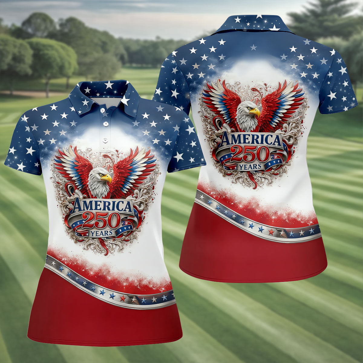 Bald Eagle Red White Blue Patriotic Stars 4th Of July Golf Shirt, 250 Years Golf Shirt For Women