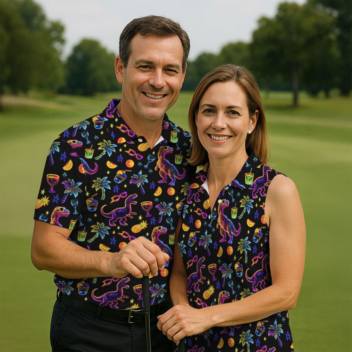 Neon Dinosaur Tropical Theme Hawaiian Golf Shirt, Polo Shirts For Men, Golfing Apparel