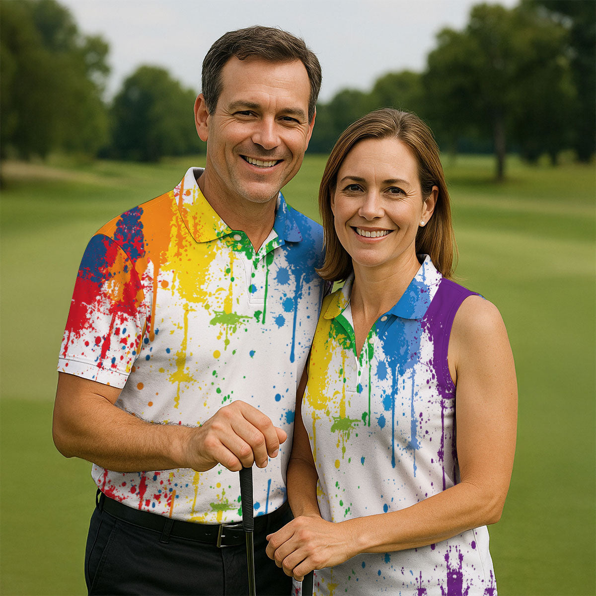 Rainbow Paint Splatter LGBT Support Golf Tops For Men, Pride Month Golf Shirts For Men