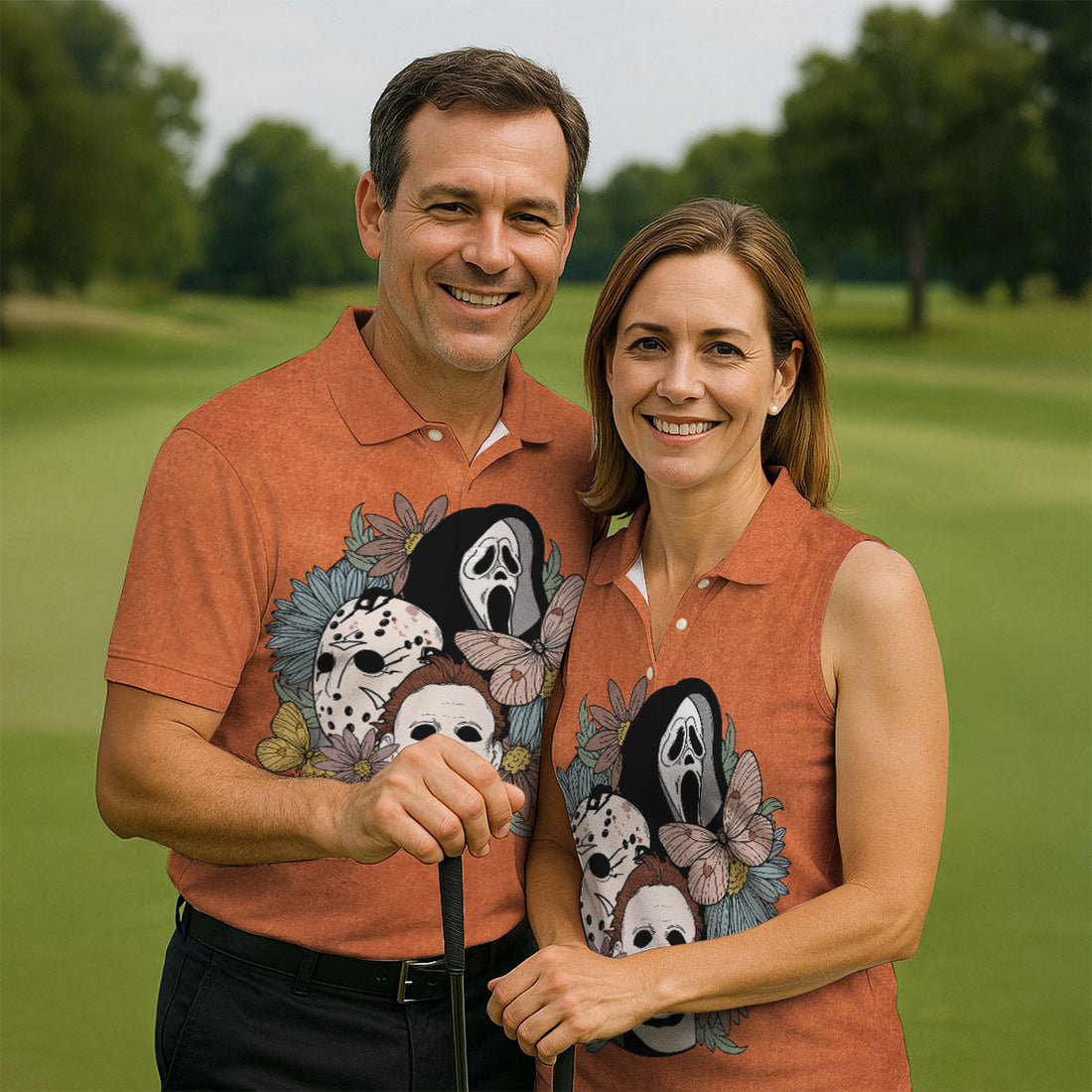 Floral Horror Mask Trio Halloween Golf Polo Shirt, Men's Golf Shirt, Mens Golf Apparel