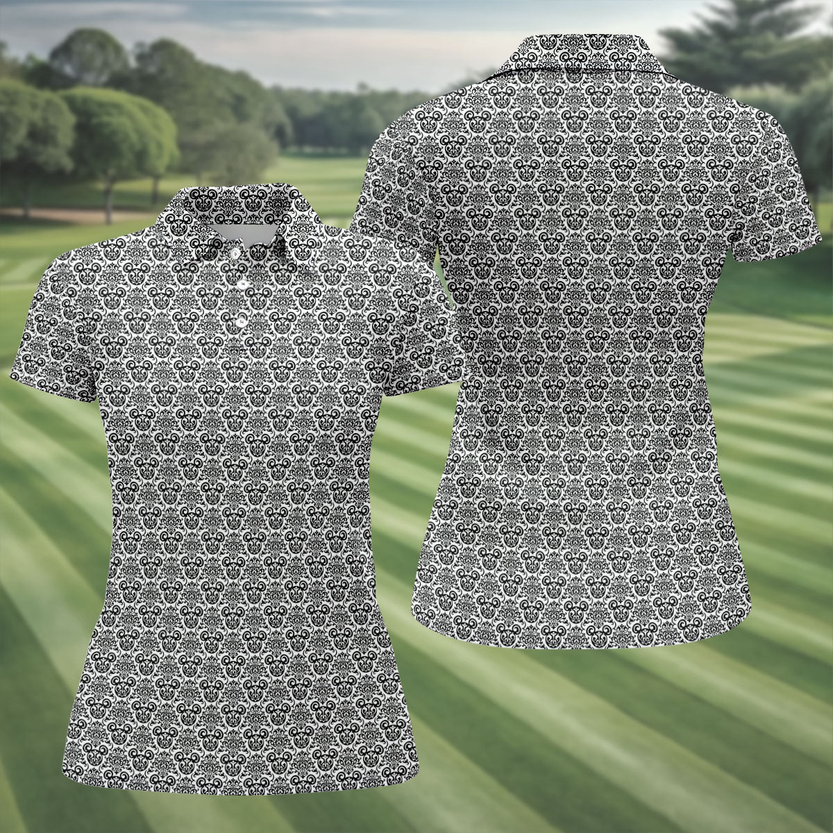 Vintage Monochrome Damask Golf Polo Shirt, Golf Polo For Women, Ladies Golf Top
