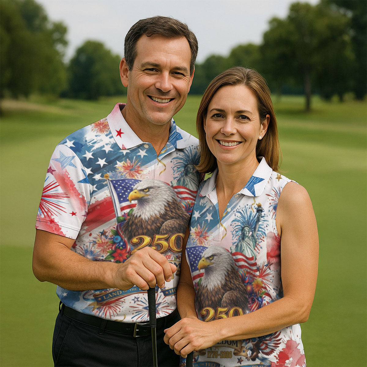 Land Of The Free Red White Blue Water Color Print 4th Of July Golf Shirt, 250 Years Golf Shirts For Men