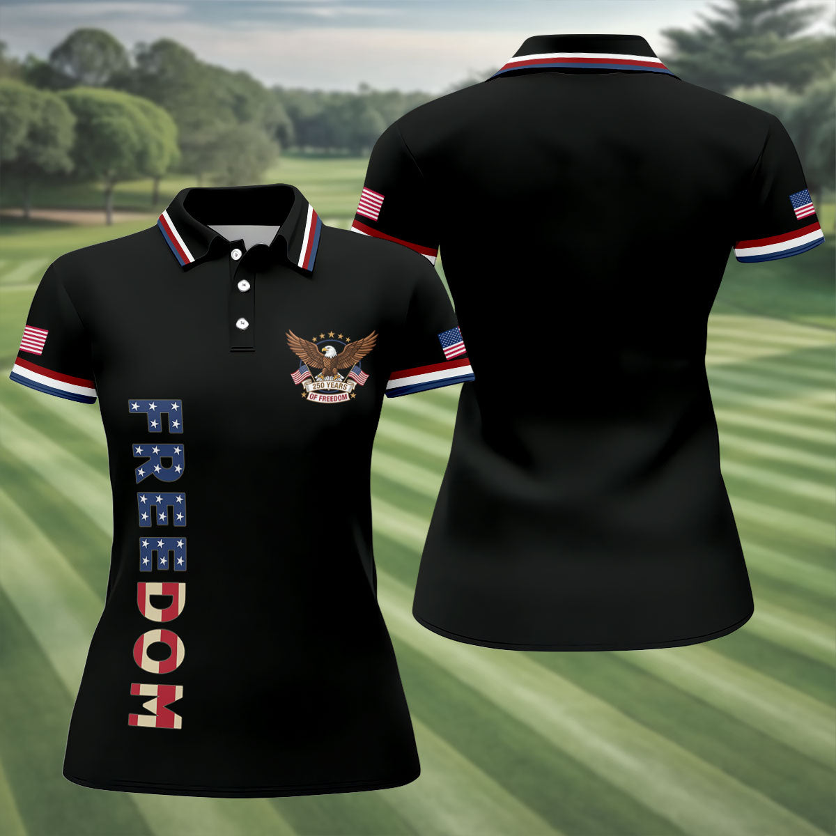 250 Years Of Freedom US Flag Logo Black Golf Shirt, Patriotic 4th Of July Golf Shirt For Women